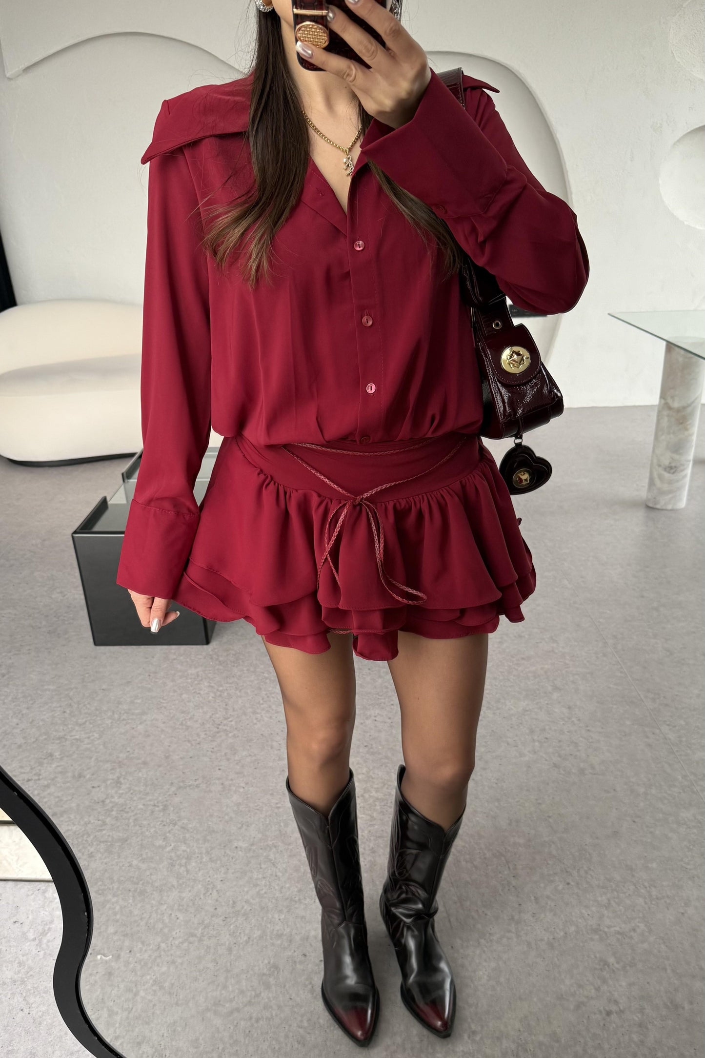 Santorini Bordo Mini Pileli Gömlek Elbise