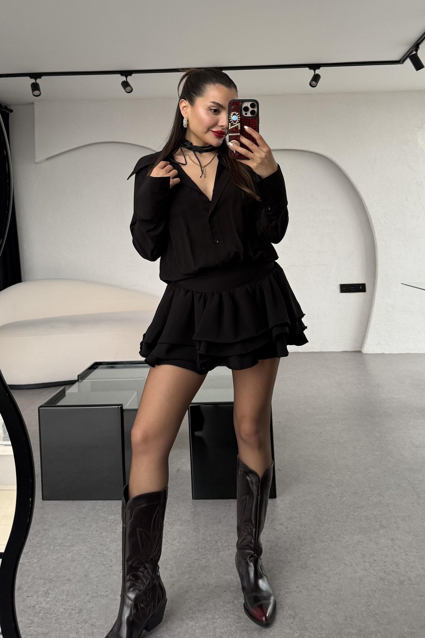 Santorini Siyah Mini Pileli Gömlek Elbise