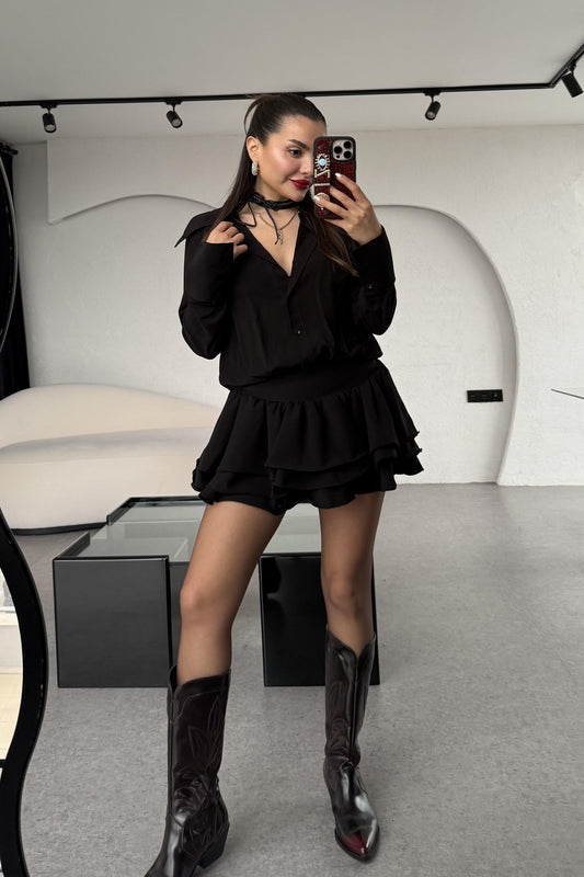 Santorini Siyah Mini Pileli Gömlek Elbise