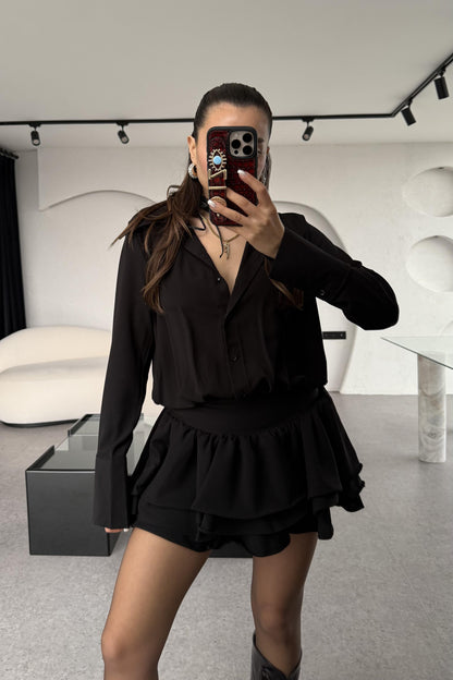 Santorini Siyah Mini Pileli Gömlek Elbise