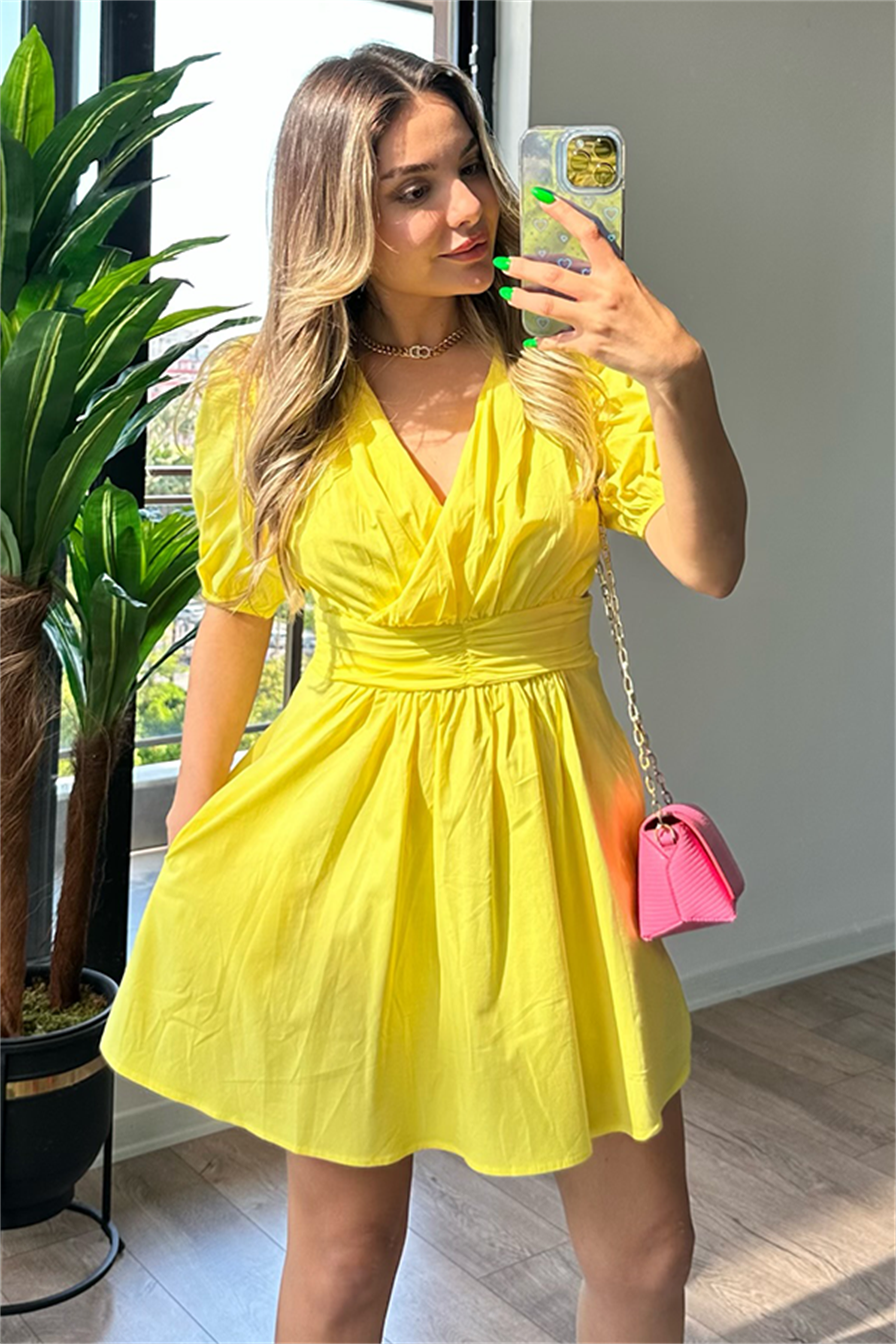 Sara karpuz kol sarı elbise