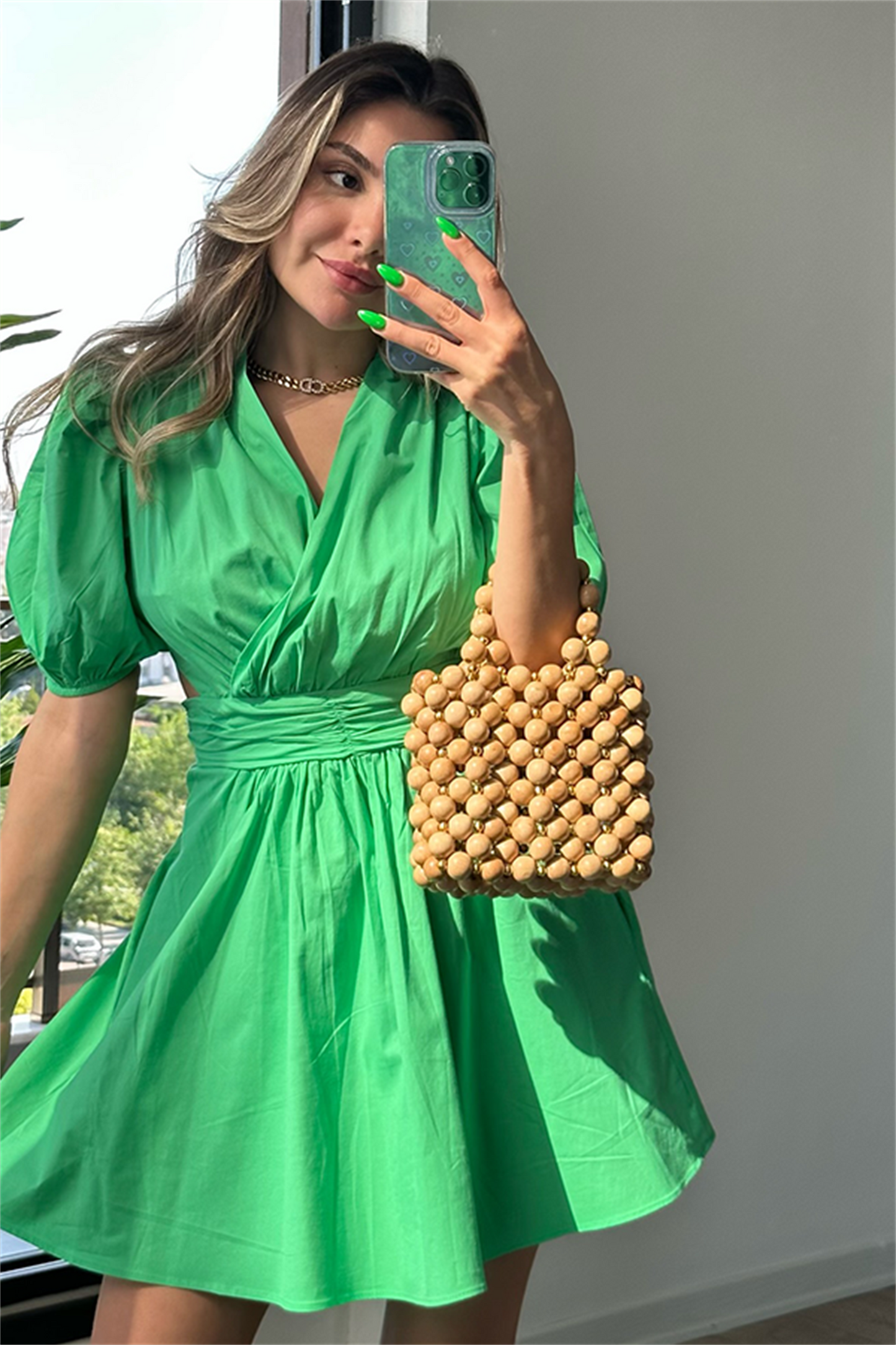 Sara karpuz kol yeşil elbise