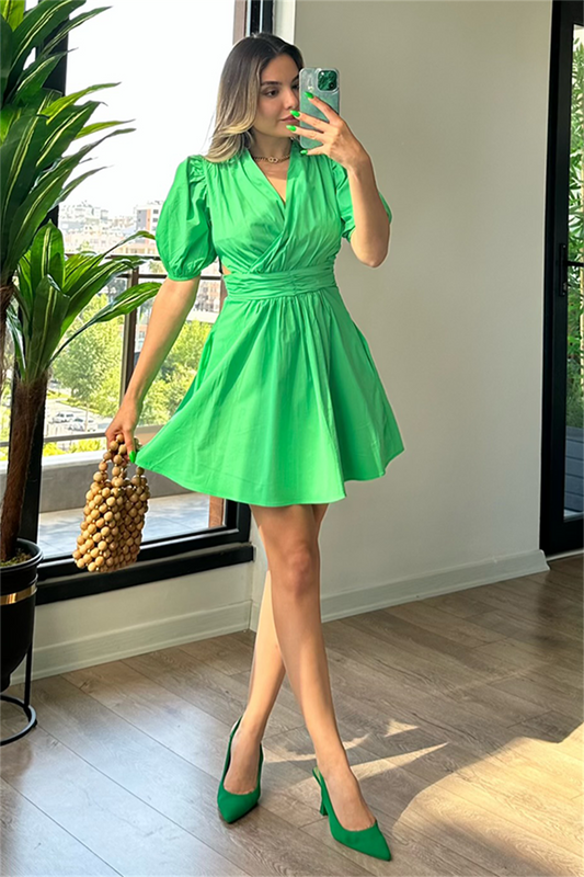 Sara karpuz kol yeşil elbise