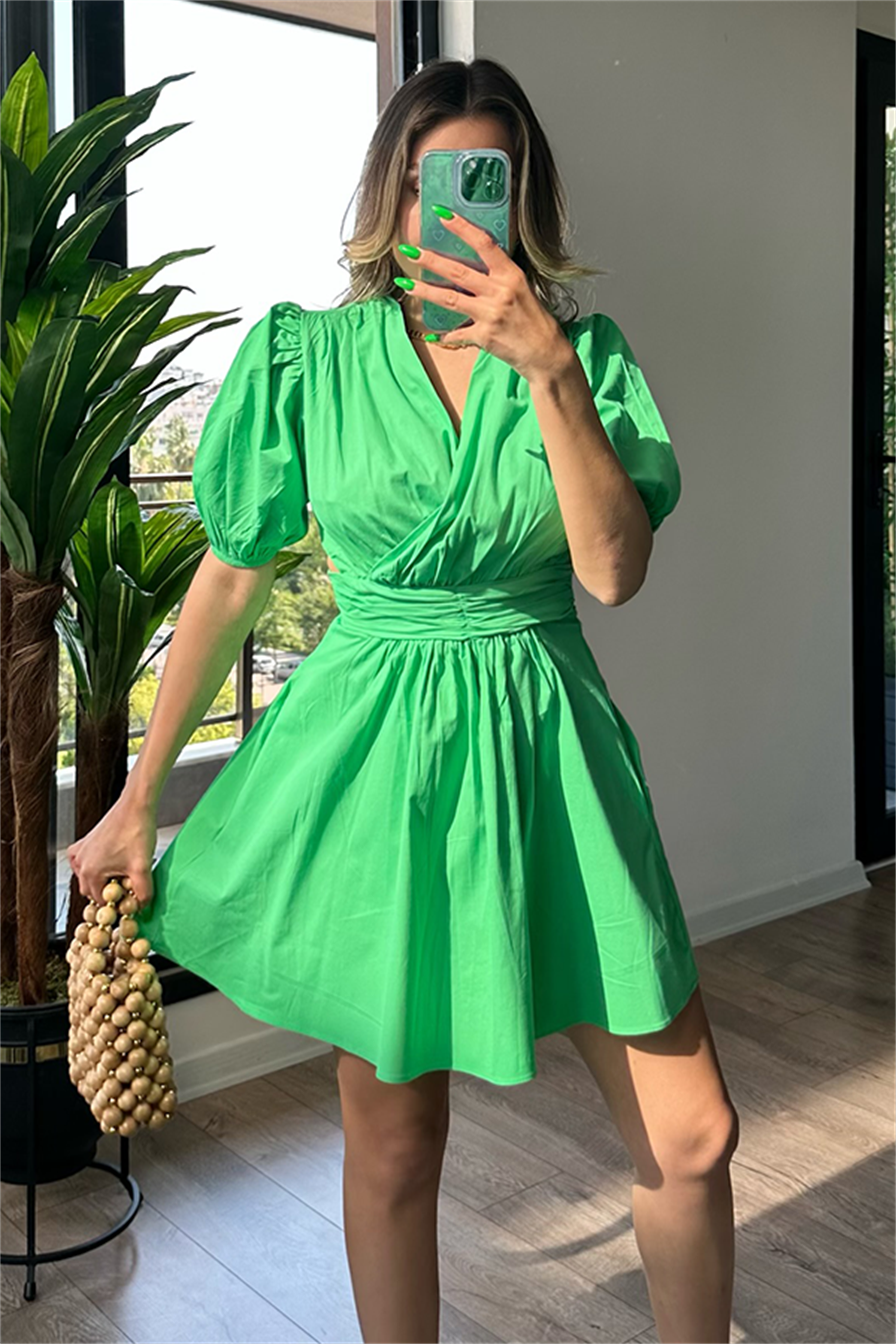 Sara karpuz kol yeşil elbise