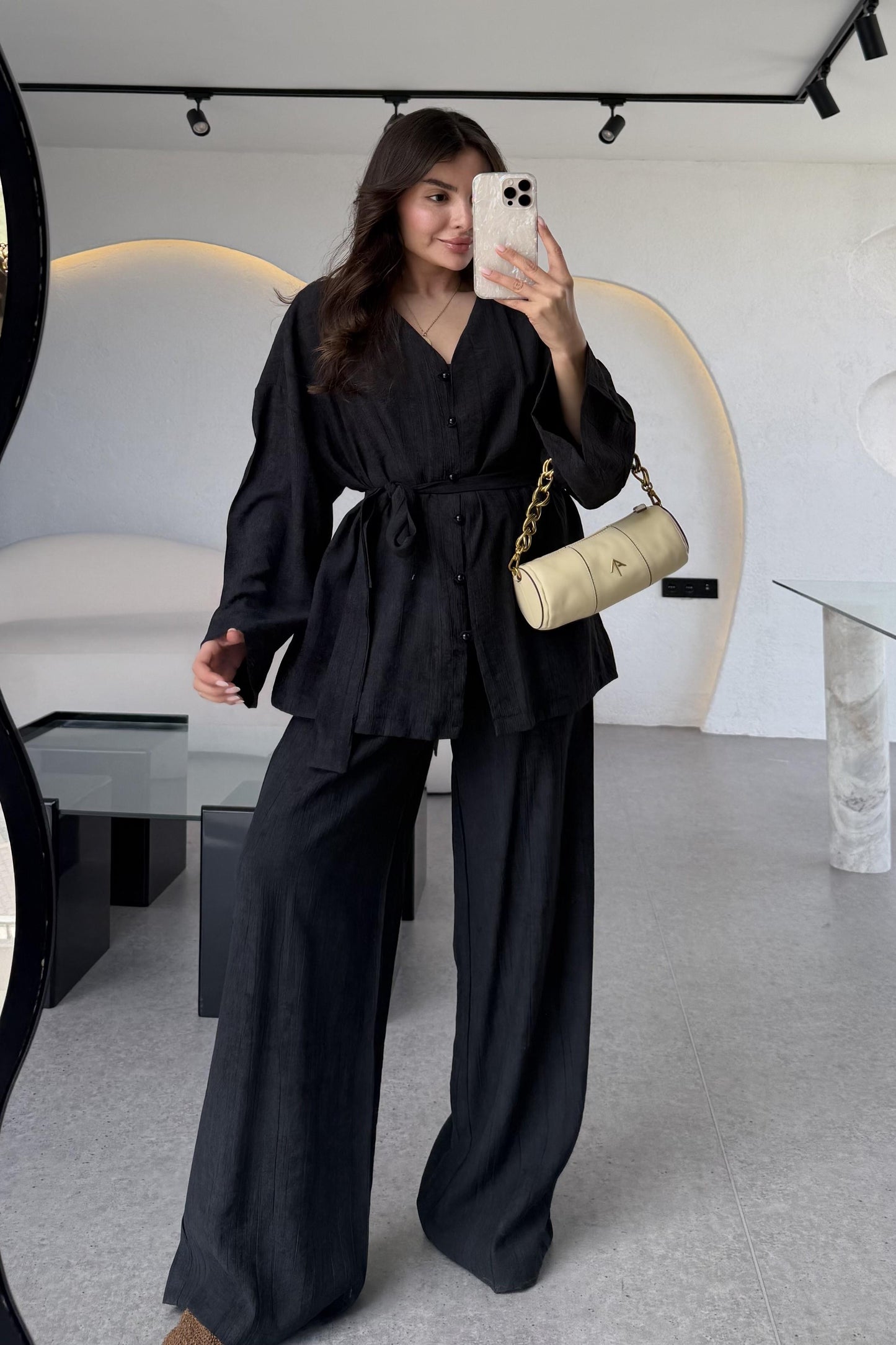 Sarah Siyah Kuşaklı Gömlek Pantolon Takım