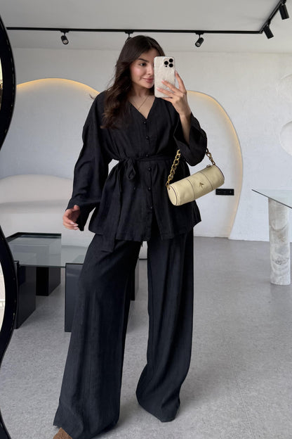 Sarah Siyah Kuşaklı Gömlek Pantolon Takım