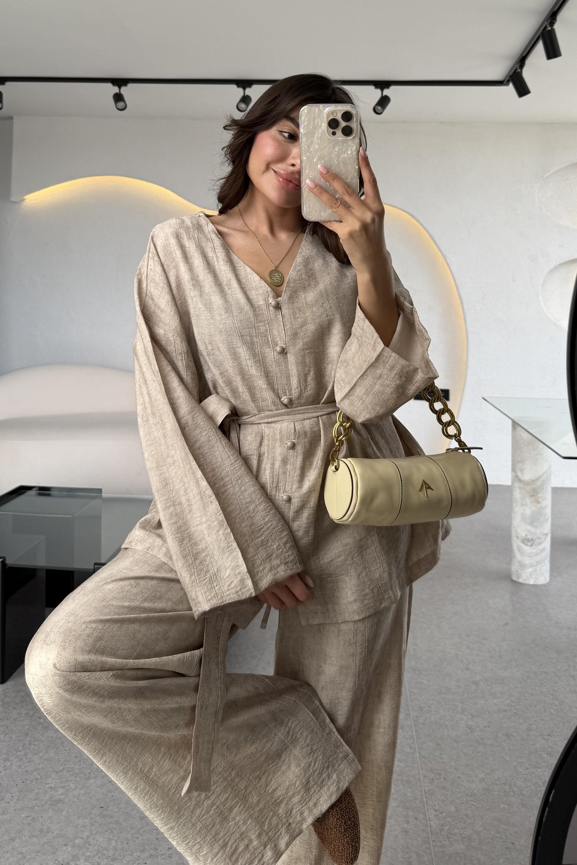 Sarah Taş Kuşaklı Gömlek Pantolon Takım