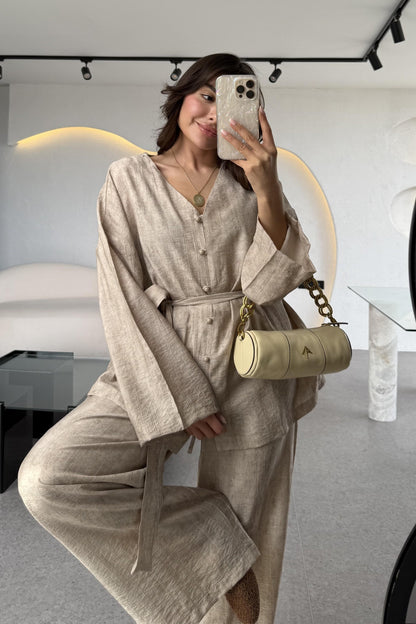 Sarah Taş Kuşaklı Gömlek Pantolon Takım