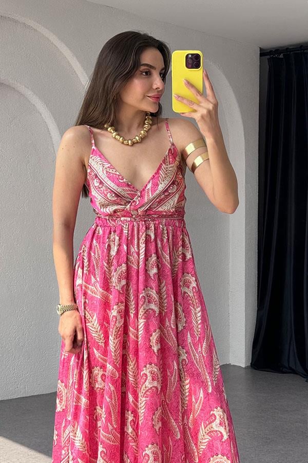 Sare Desenli Saten Fuşya Elbise