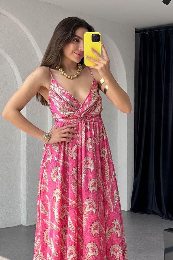 Sare Desenli Saten Fuşya Elbise