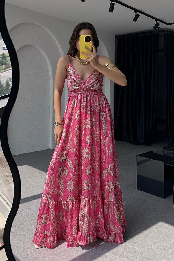 Sare Desenli Saten Fuşya Elbise