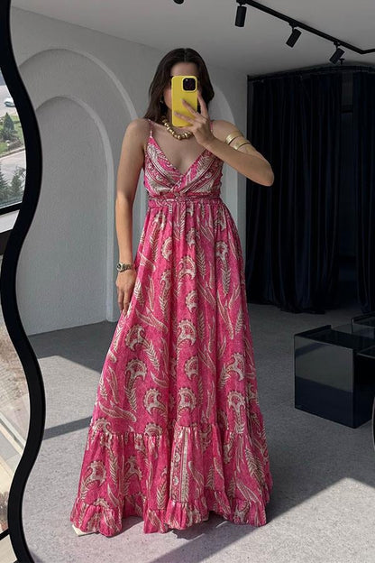 Sare Desenli Saten Fuşya Elbise