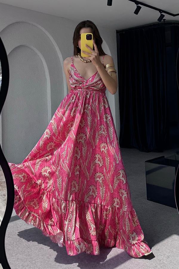 Sare Desenli Saten Fuşya Elbise