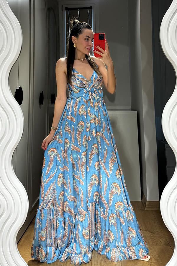 Sare Desenli Saten Mavi Elbise