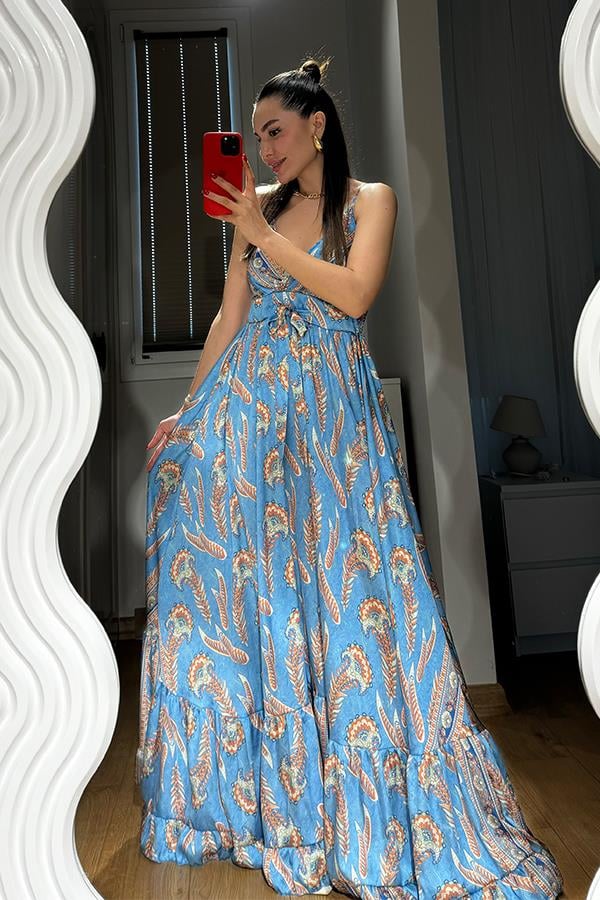 Sare Desenli Saten Mavi Elbise