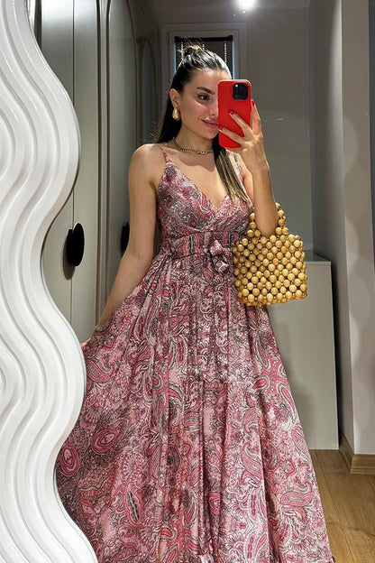 Sare Desenli Saten Pembe Elbise