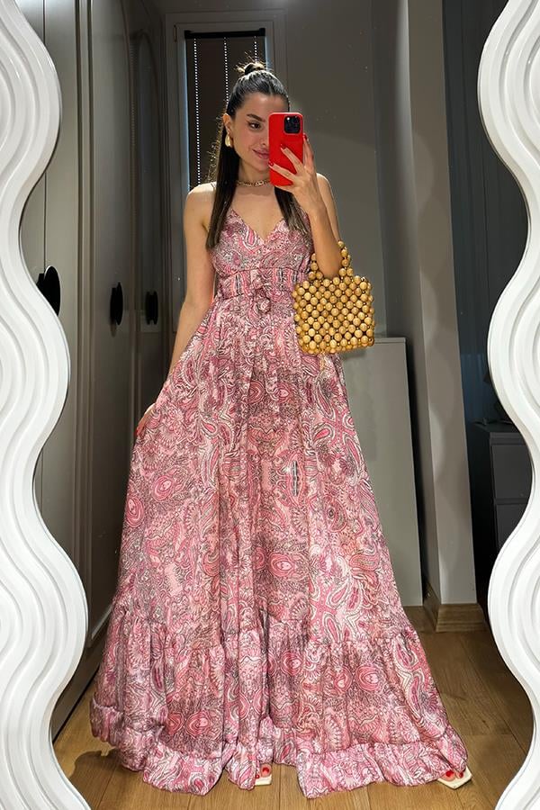 Sare Desenli Saten Pembe Elbise