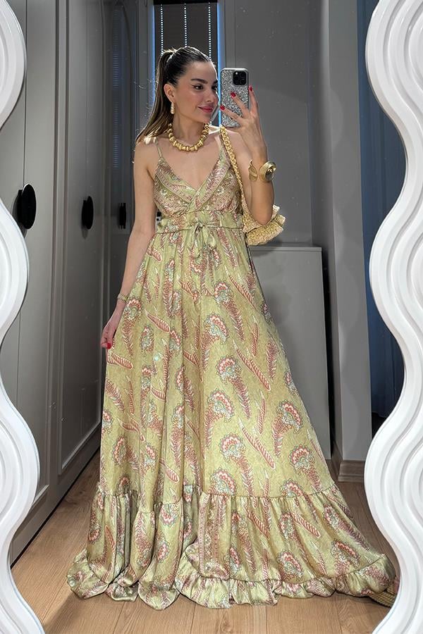 Sare Desenli Saten Yeşil Elbise