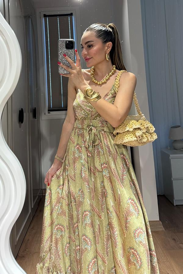 Sare Desenli Saten Yeşil Elbise