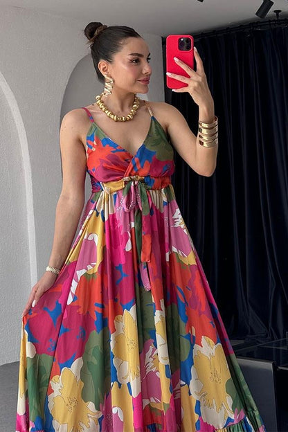 Sare Renkli Çiçekli Elbise