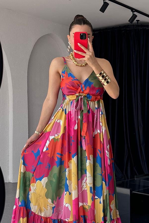 Sare Renkli Çiçekli Elbise