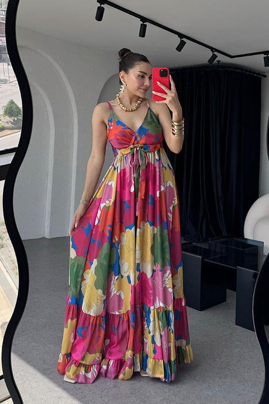 Sare Renkli Çiçekli Elbise