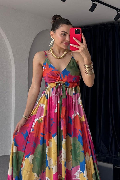 Sare Renkli Çiçekli Elbise