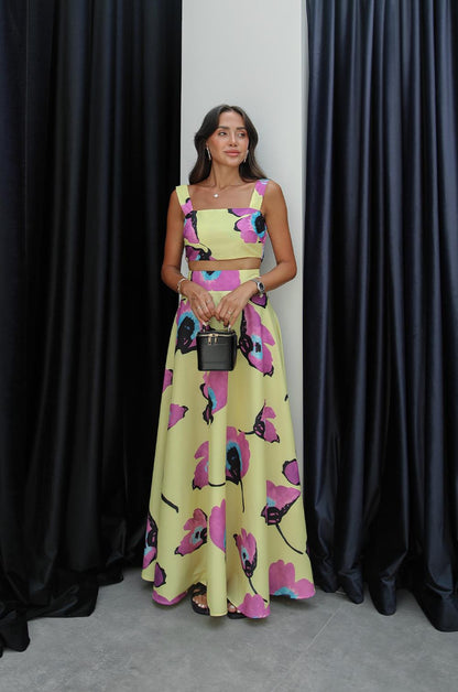 SARI DESENLI CROP BLUZ ETEK TAKIM