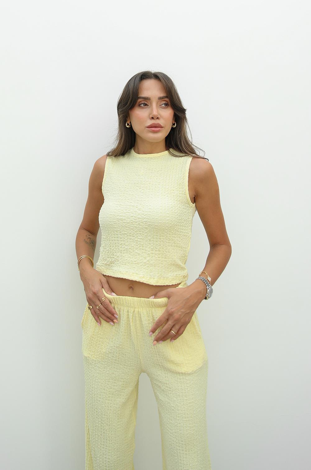 SARI DOKULU BLUZ PANTOLON TAKIM