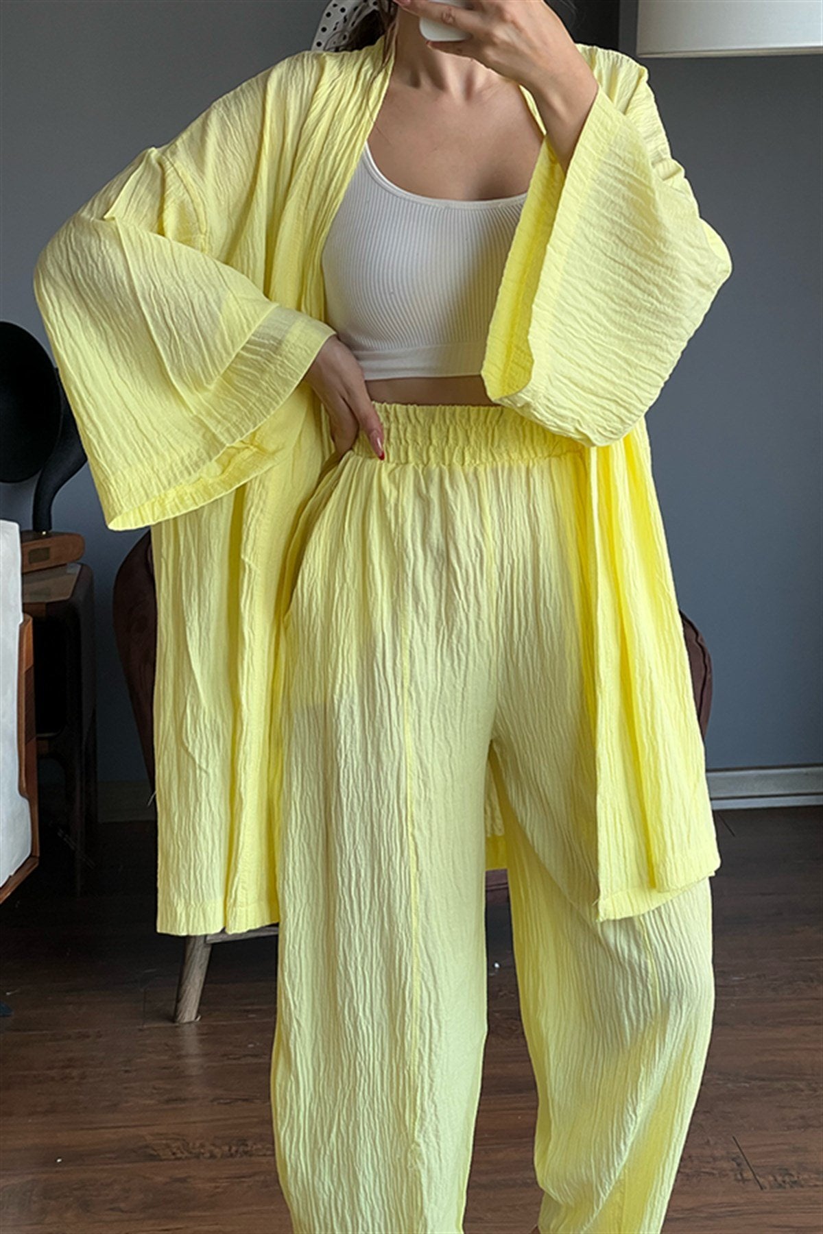 Sarı kimonolu bohem takım