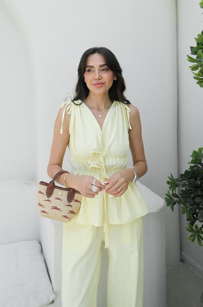 SARI LASTIK DETAYLI BLUZ PANTOLON TAKIM