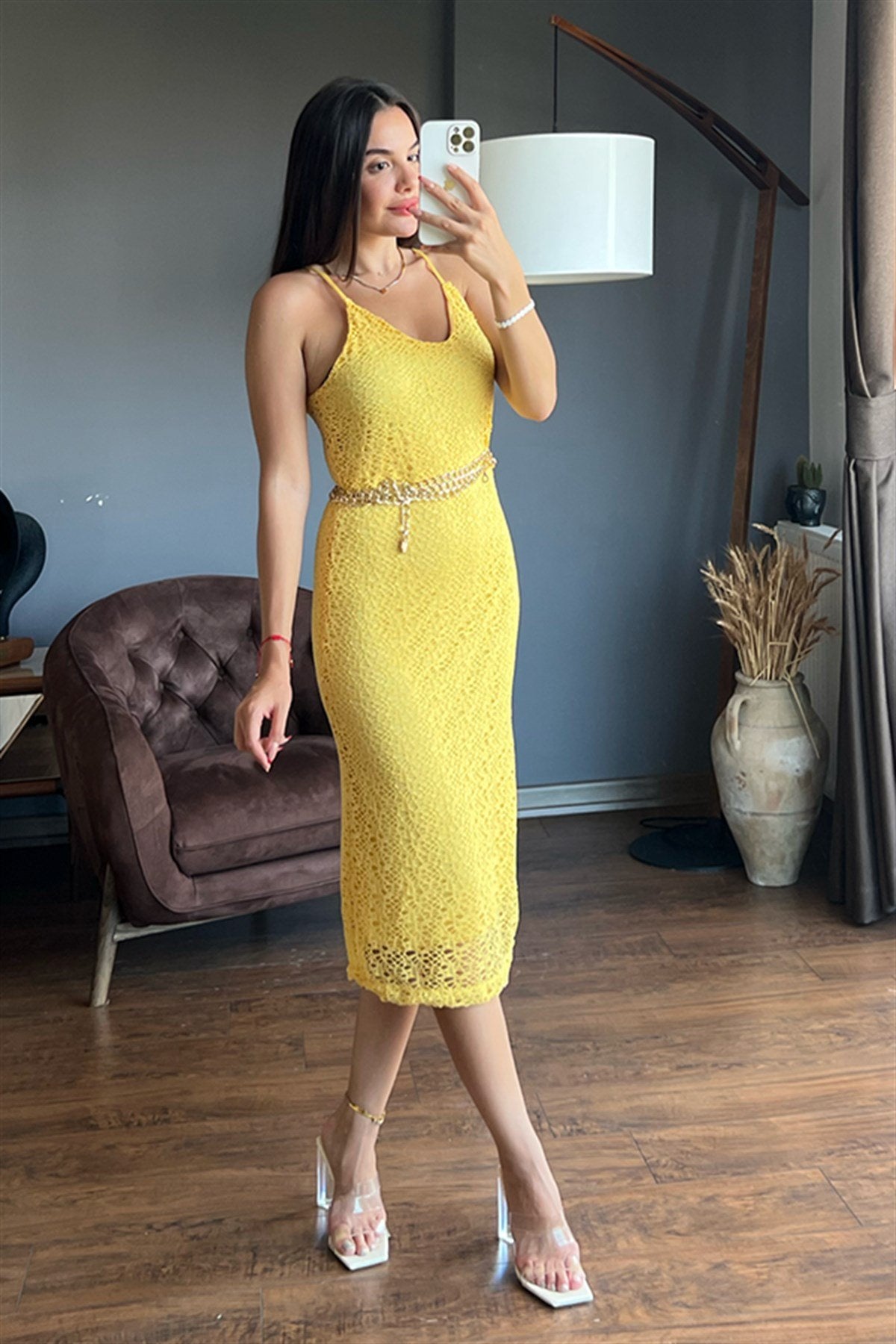 Sarı örgü kalem elbise
