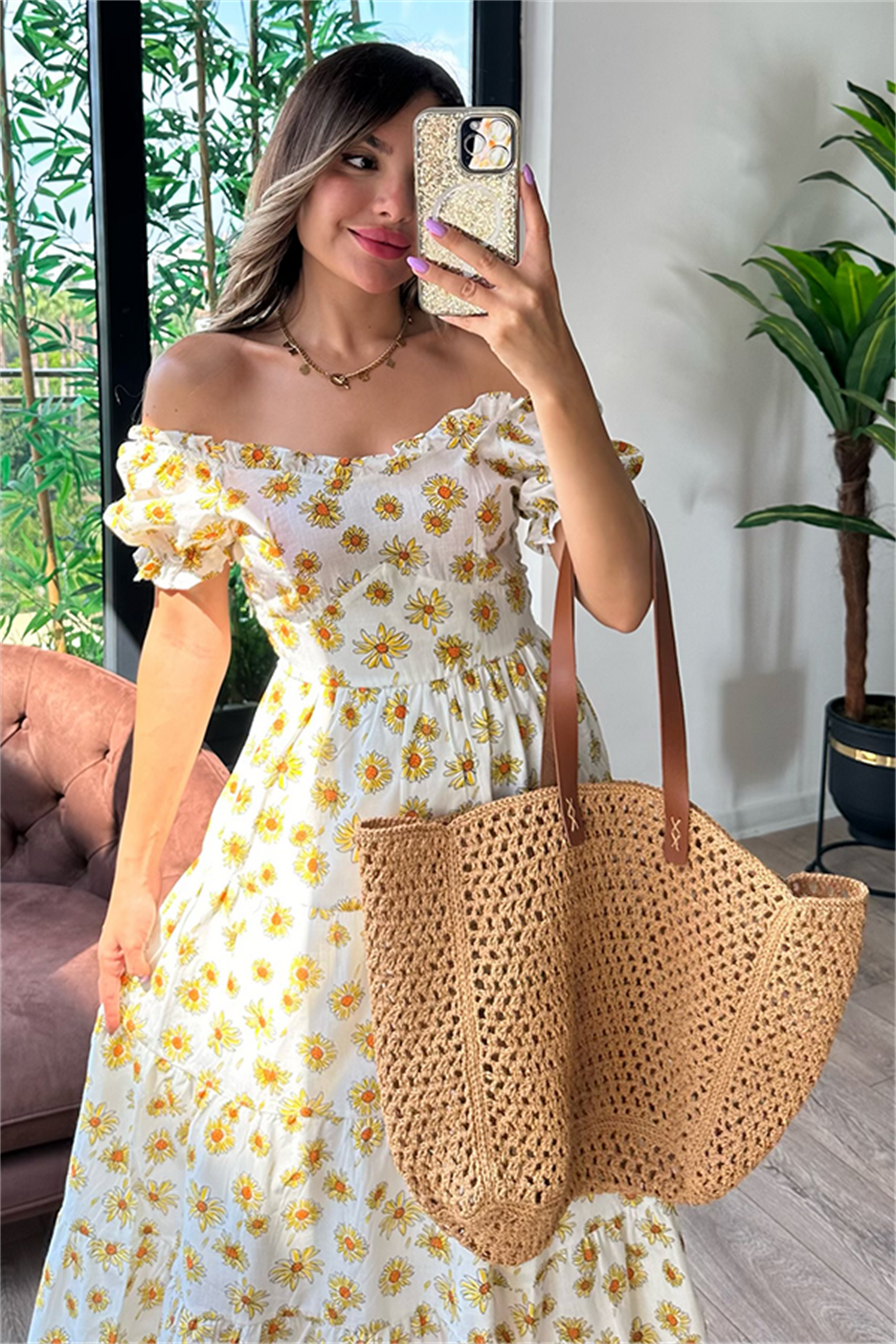 Sarı papatyalı karpuz kol elbise