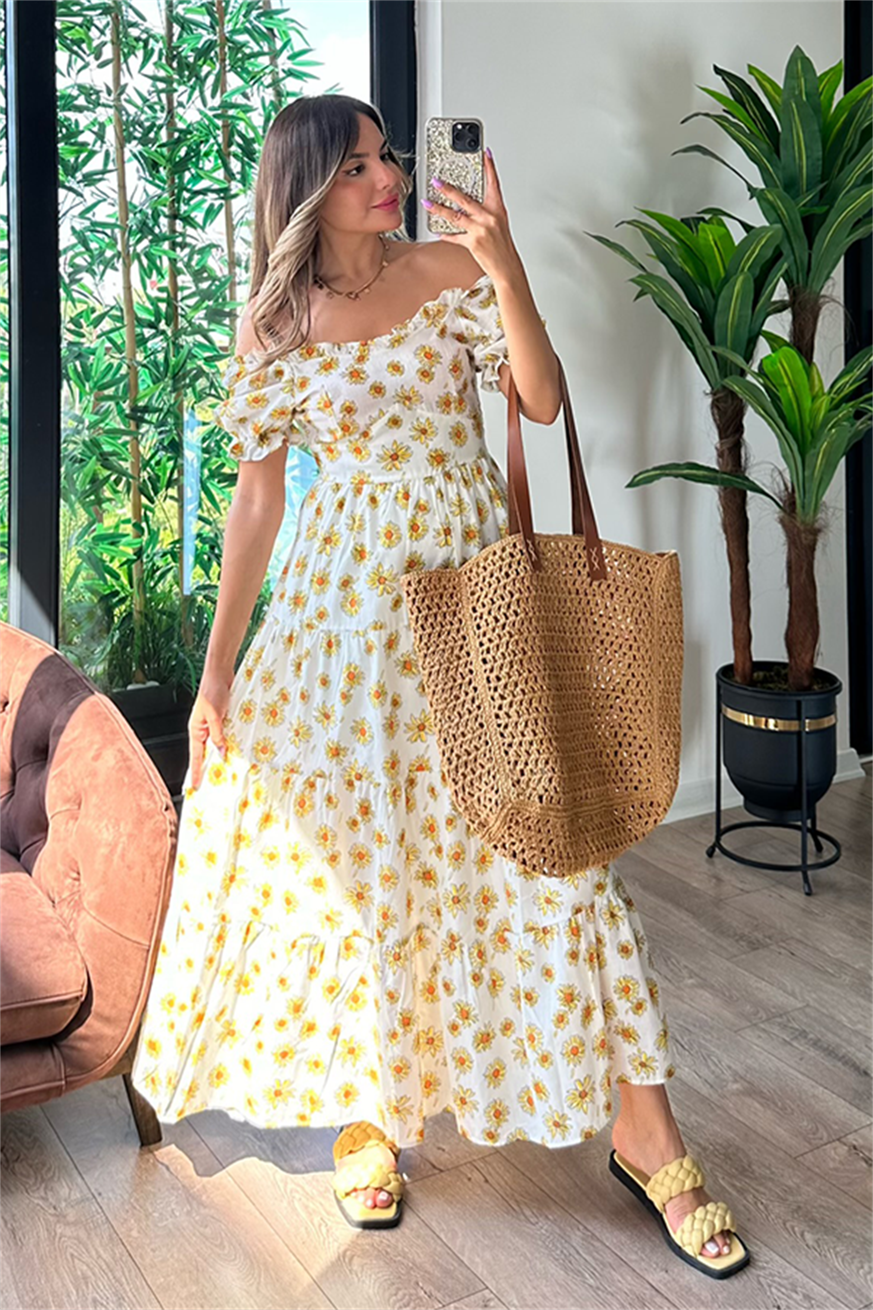 Sarı papatyalı karpuz kol elbise