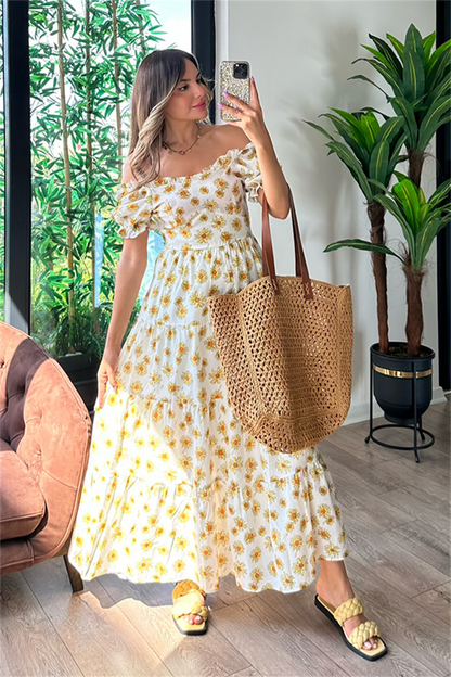 Sarı papatyalı karpuz kol elbise