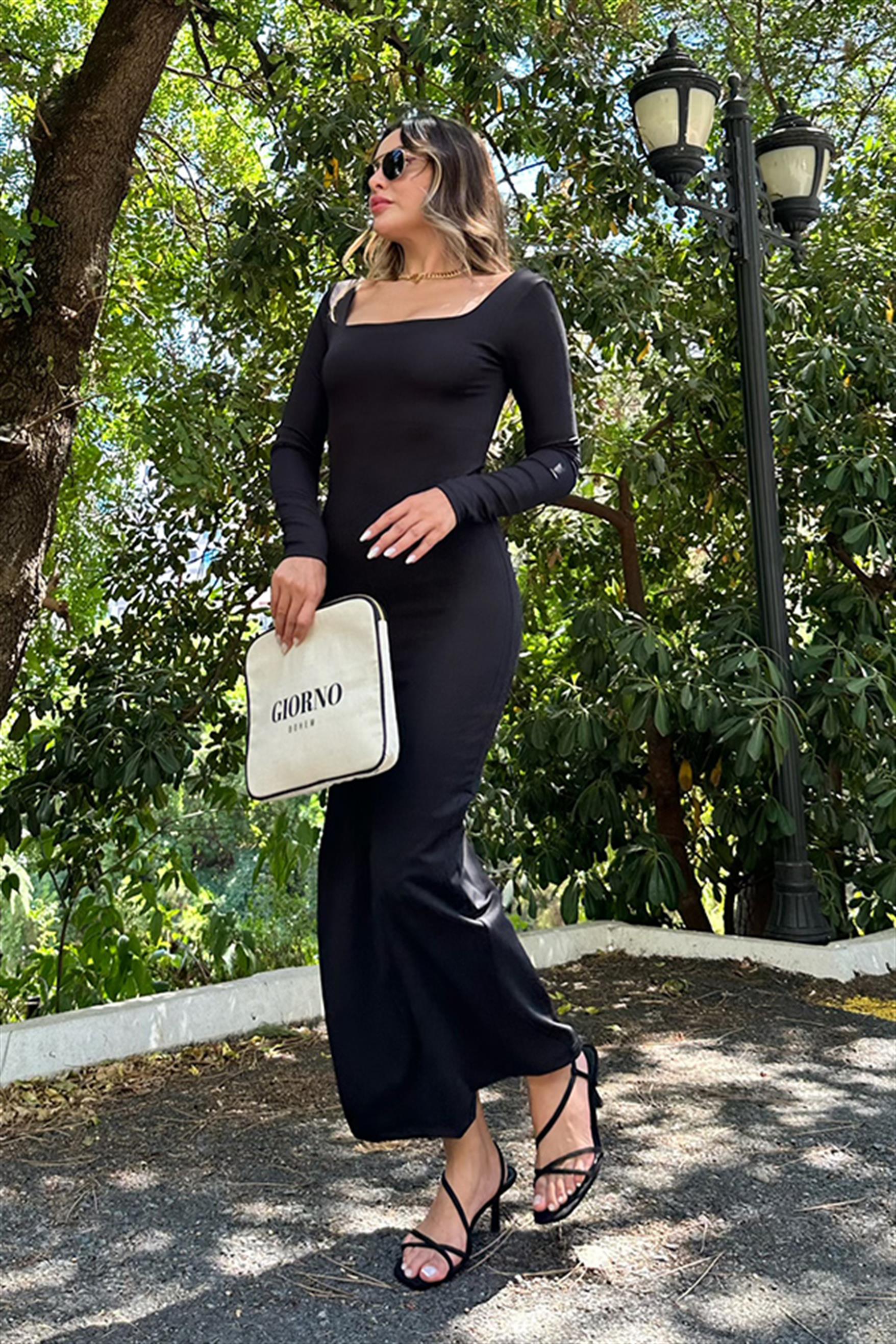 Sartre yırtmaçlı kare yaka elbise - Siyah