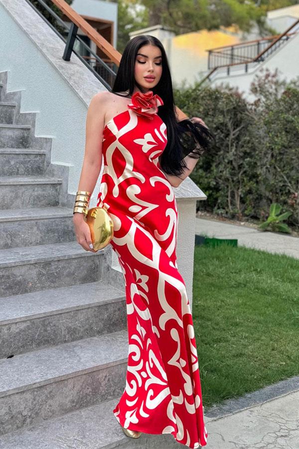 Sayra Orijinal Saten Desenli Kırmızı Elbise