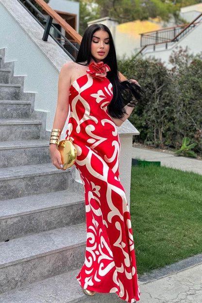 Sayra Orijinal Saten Desenli Kırmızı Elbise