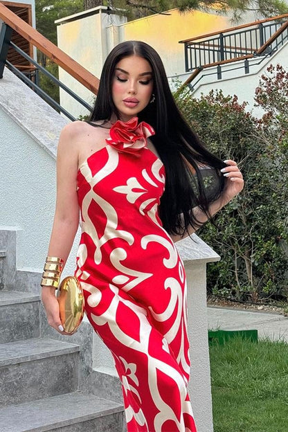 Sayra Orijinal Saten Desenli Kırmızı Elbise