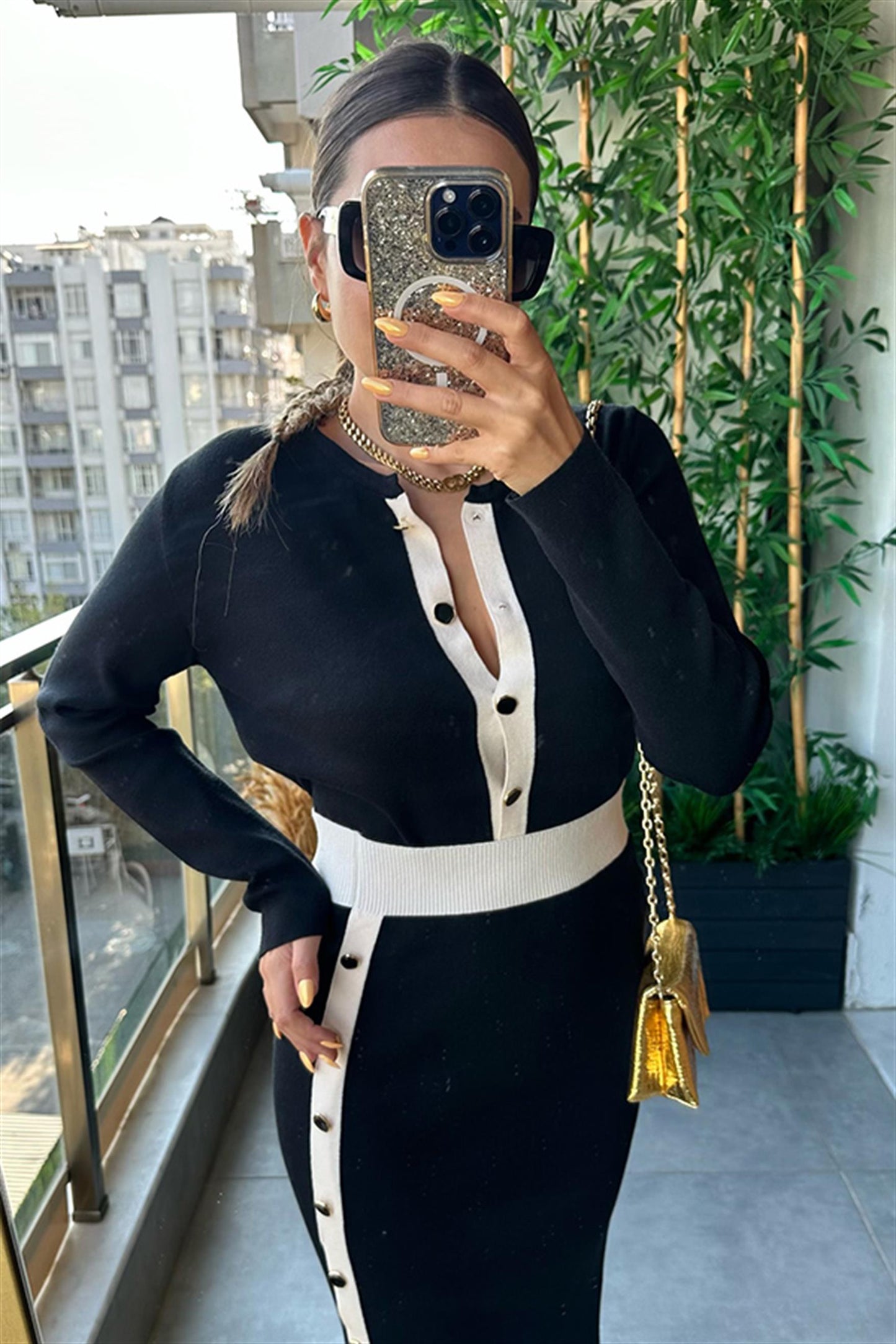 Semechka Kısa Hırkalı Triko Etek Takım - Siyah