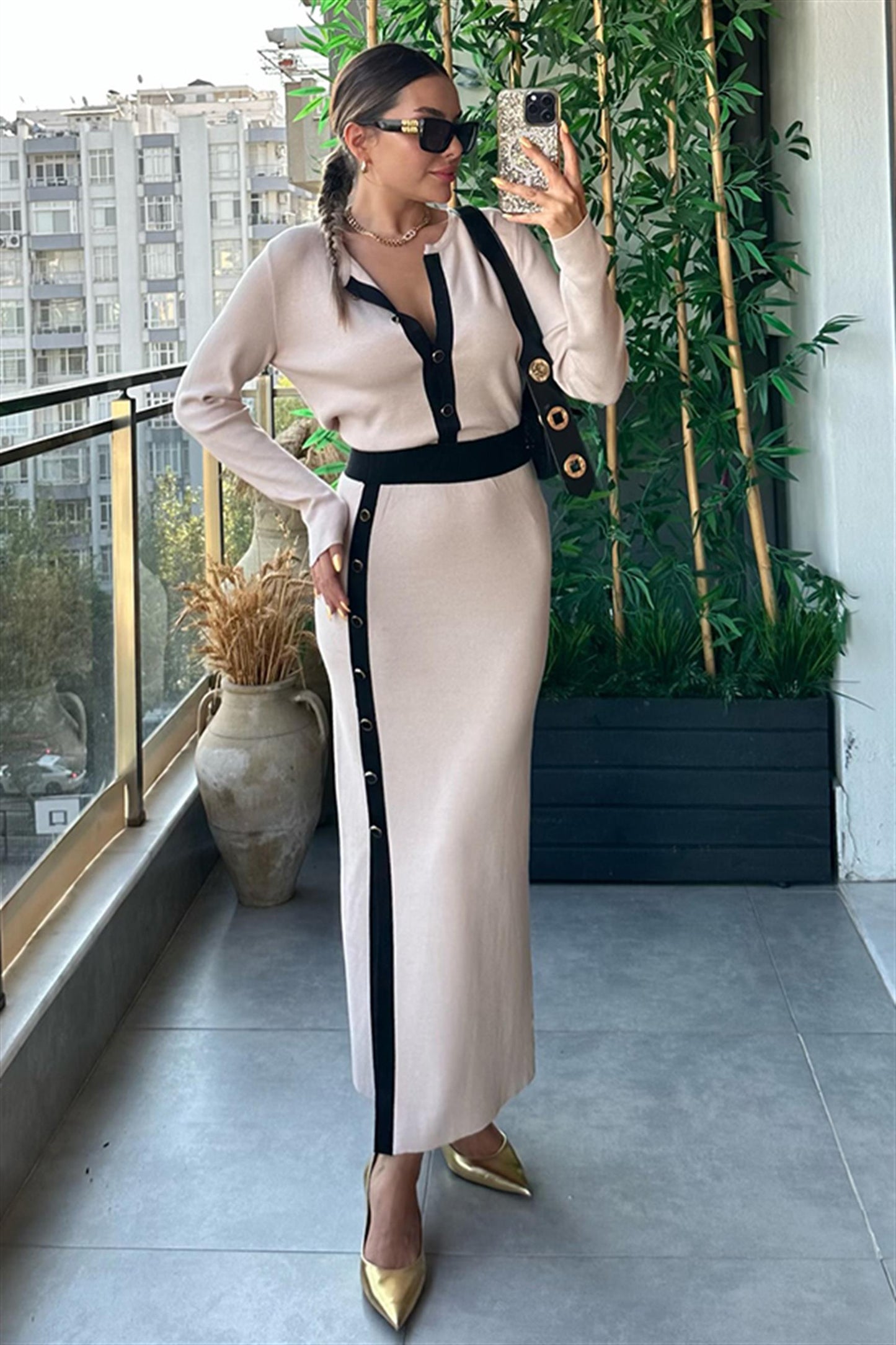 Semechka Kısa Hırkalı Triko Etek Takım - Krem