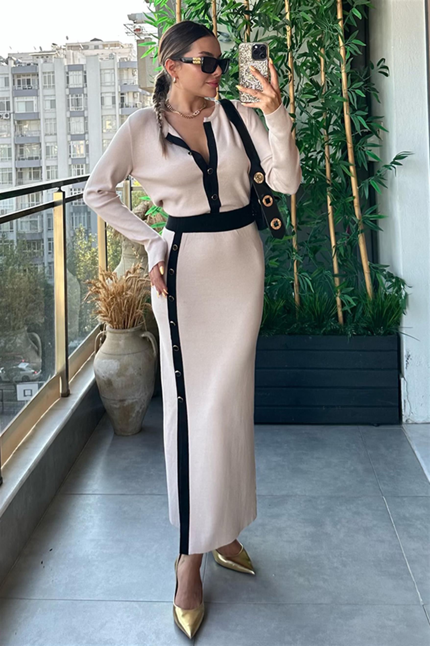 Semechka Kısa Hırkalı Triko Etek Takım - Krem