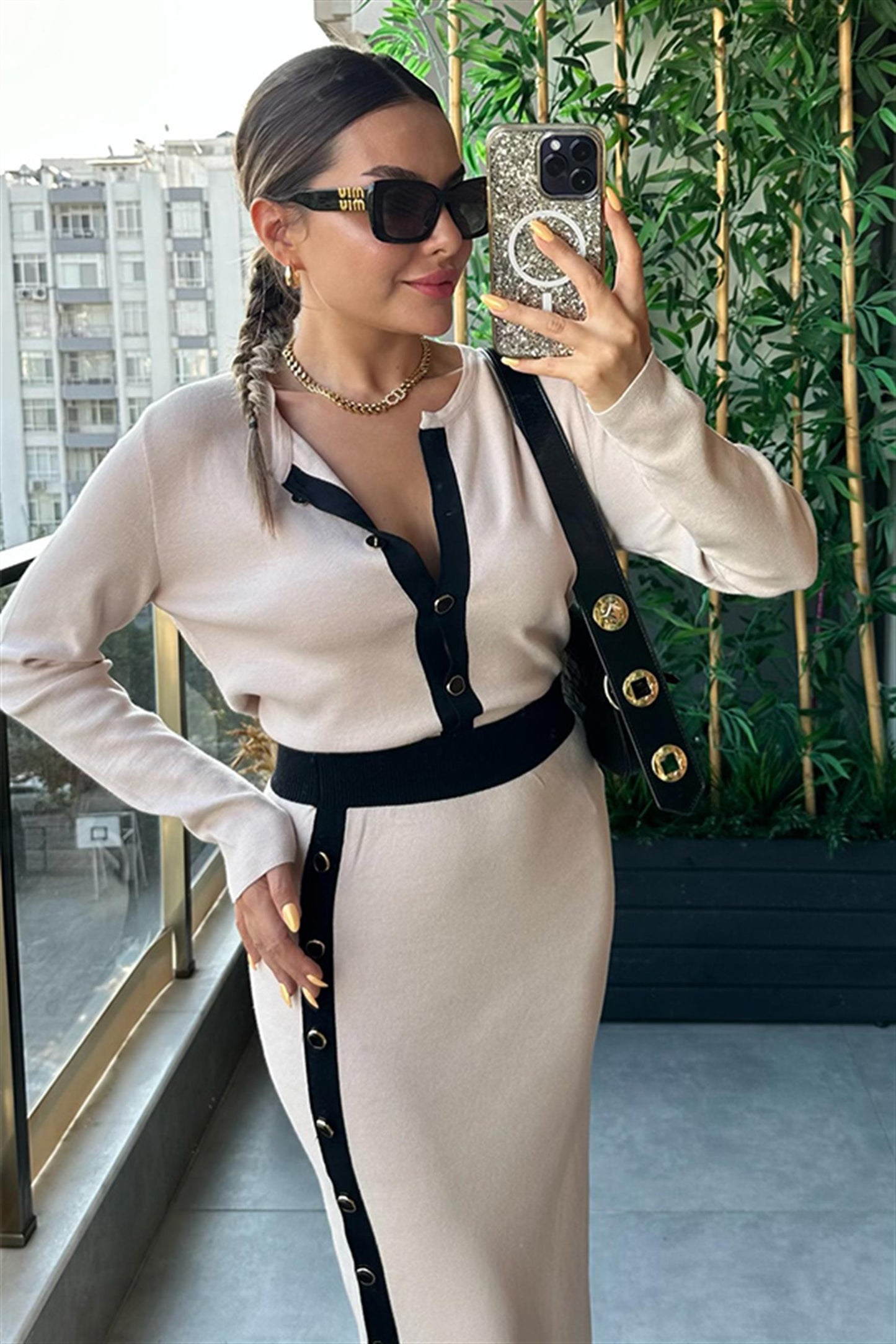 Semechka Kısa Hırkalı Triko Etek Takım - Krem