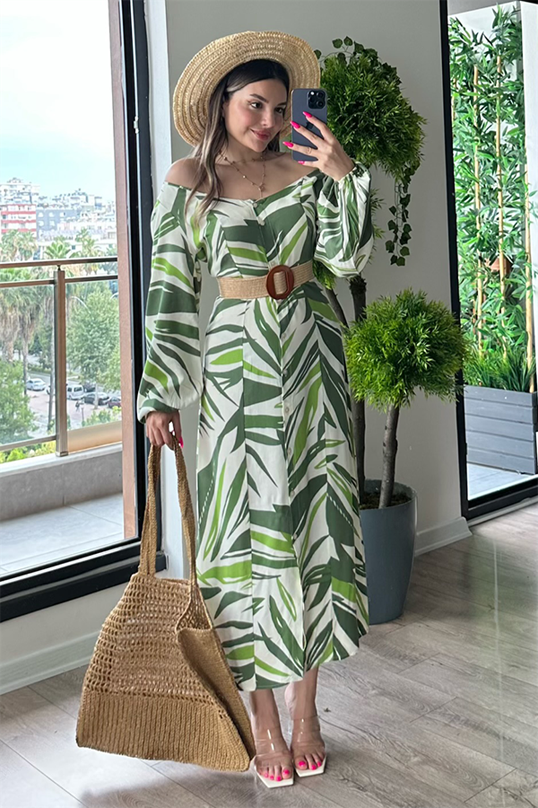 Sementa kayık yaka yeşil elbise