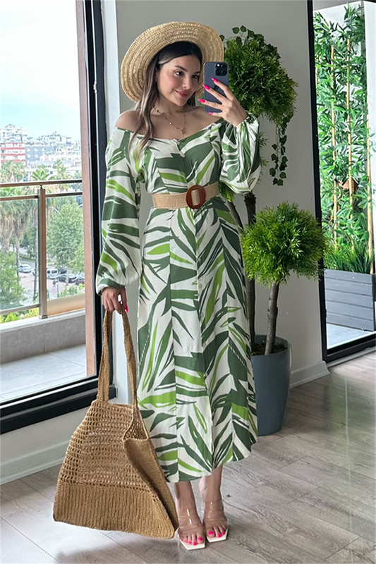 Sementa kayık yaka yeşil elbise