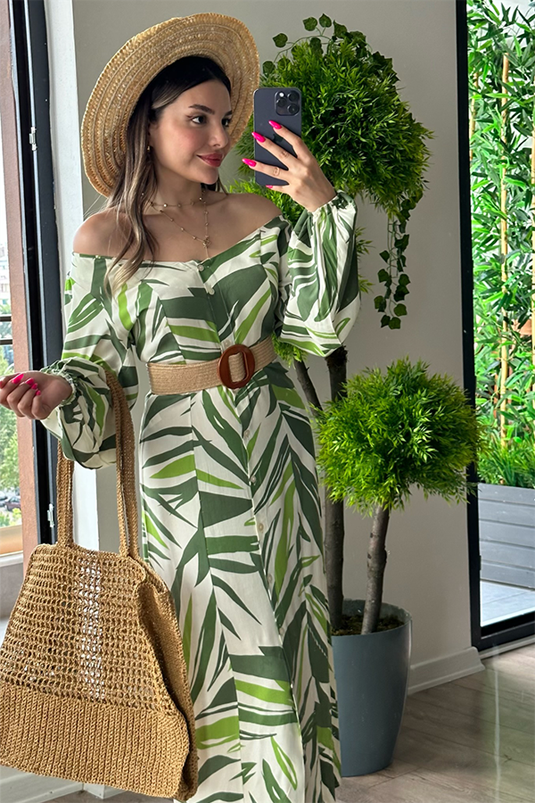 Sementa kayık yaka yeşil elbise