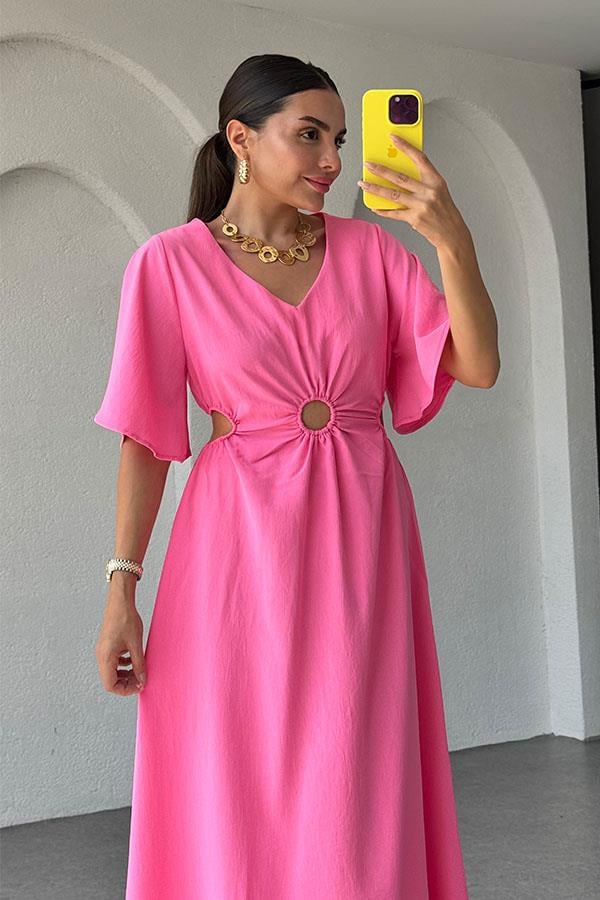 Semina Bel Dekolteli Halka Detaylı Elbise-Pembe