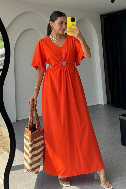 Semina Bel Dekolteli Halka Detaylı Elbise-Turuncu