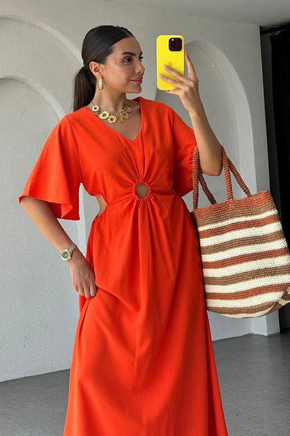 Semina Bel Dekolteli Halka Detaylı Elbise-Turuncu