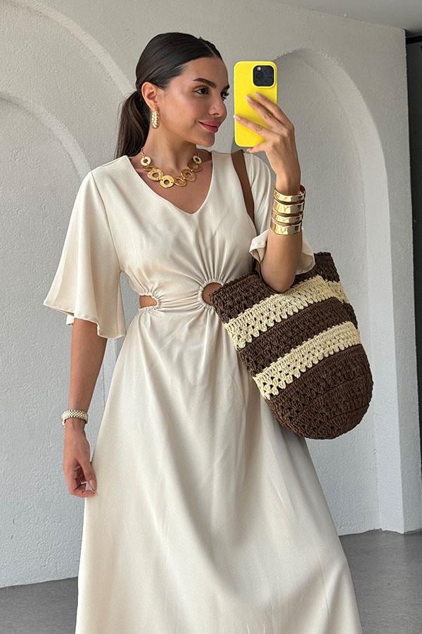 Semina Bel Dekolteli Halka Detaylı Elbise-Ekru